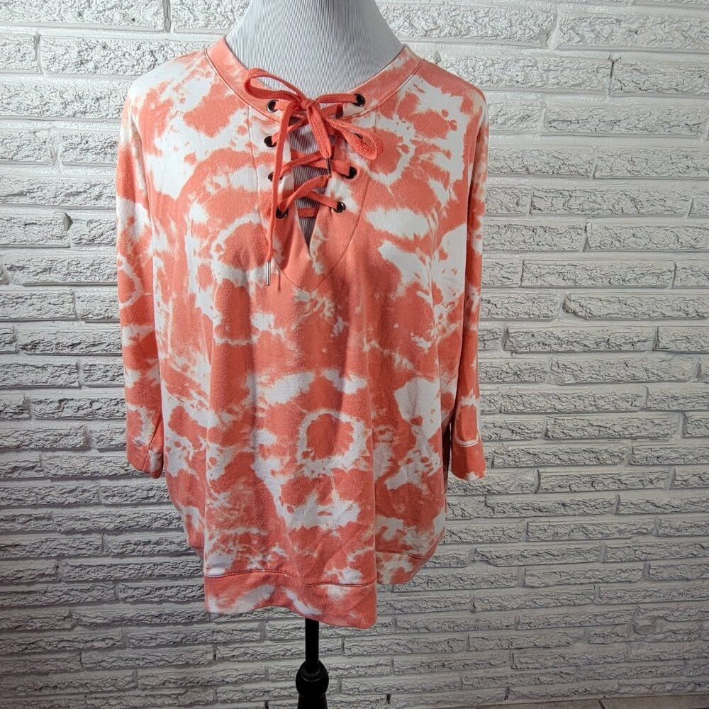 Sweatshirt‎ Project Womens 2X Plus 3/4 Sleeve Orange Tie Dye Lace Up TIE22XE